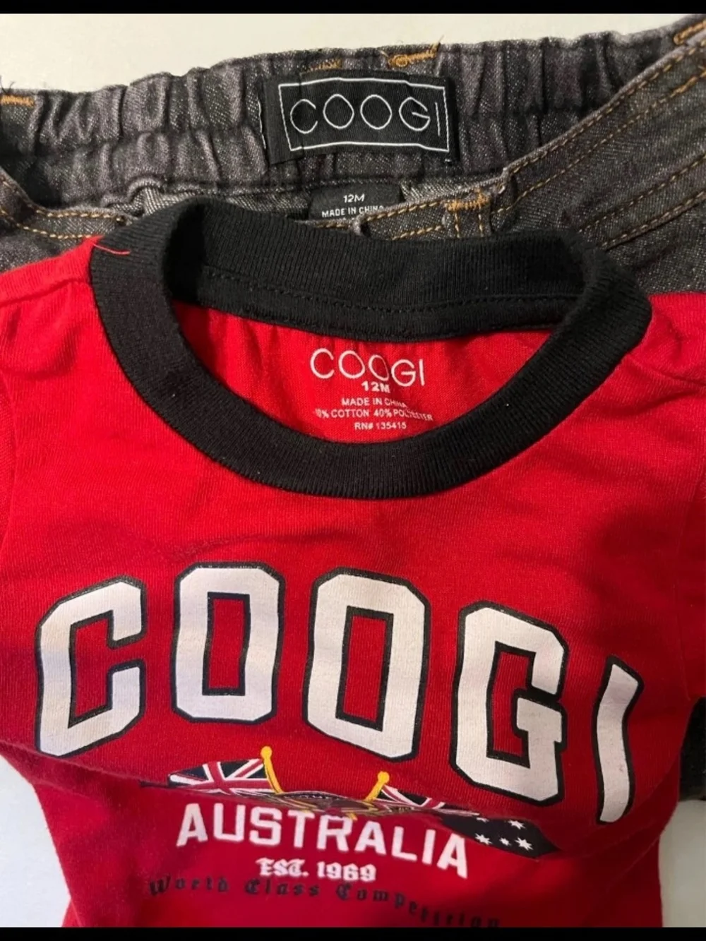 COOGI Red Tee with Black Trim & Dark Denim Pants
